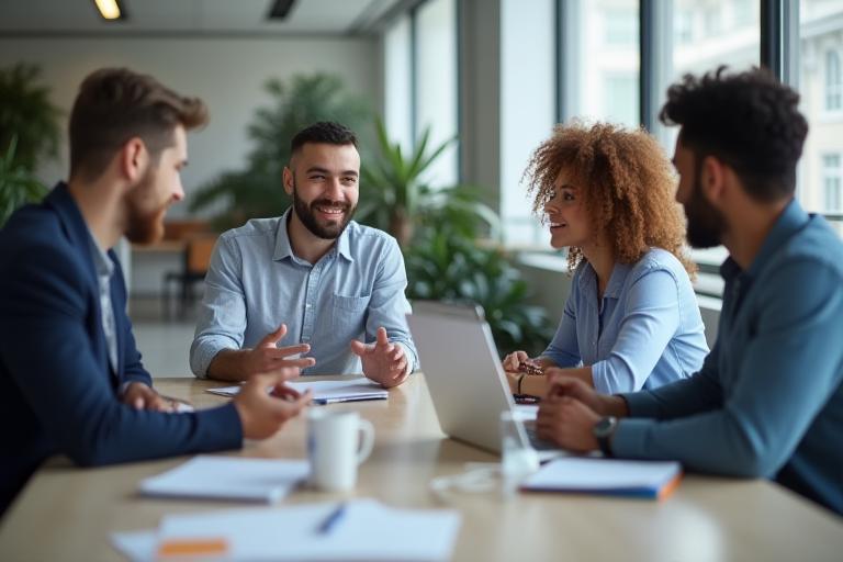 Professionals discussing audio technology in a modern office